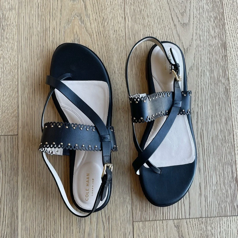 Cole Haan Anica Black Scalloped Studded Leather Thong Slingback Sandals 11B